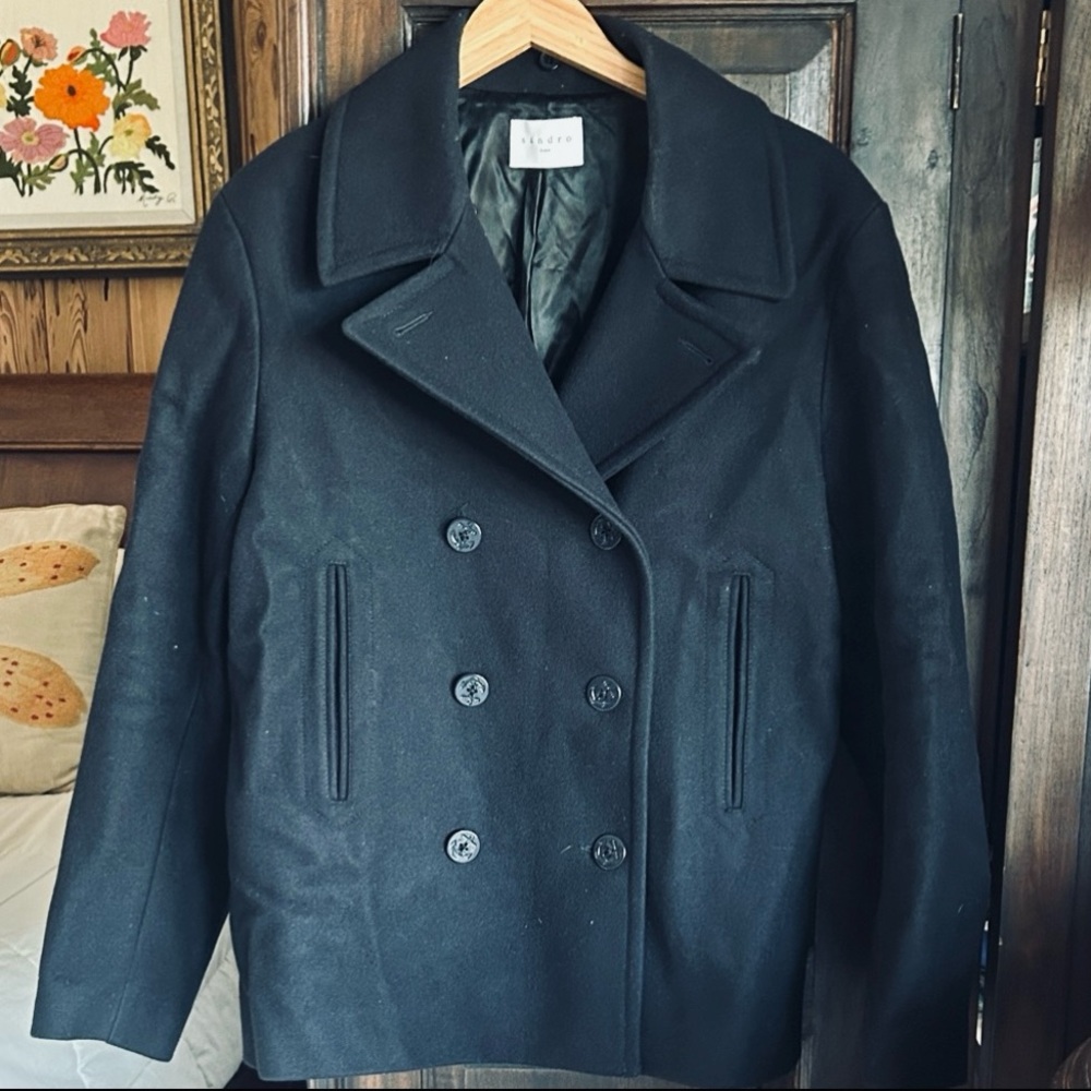 Sandro Paris Women's Black Double Breasted Wool Peacoat